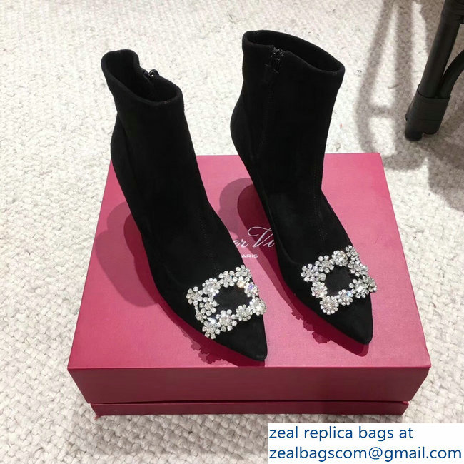 Roger Vivier Flower Strass Rivets Buckle Ankle Boots Suede Black 2018 - Click Image to Close