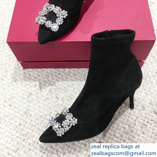 Roger Vivier Flower Strass Rivets Buckle Ankle Boots Suede Black 2018