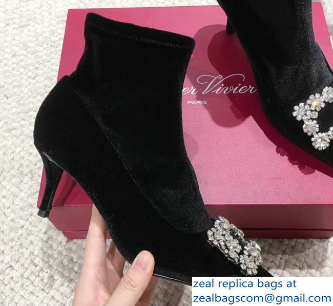 Roger Vivier Flower Strass Rivets Buckle Ankle Boots Velvet Black 2018 - Click Image to Close