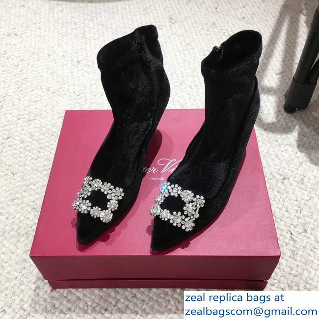 Roger Vivier Flower Strass Rivets Buckle Ankle Boots Velvet Black 2018 - Click Image to Close