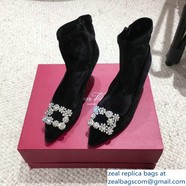 Roger Vivier Flower Strass Rivets Buckle Ankle Boots Velvet Black 2018