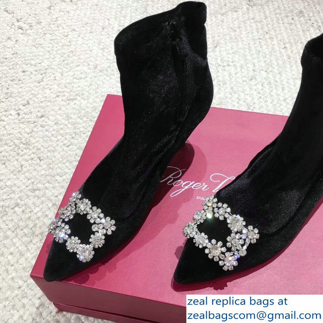 Roger Vivier Flower Strass Rivets Buckle Ankle Boots Velvet Black 2018 - Click Image to Close