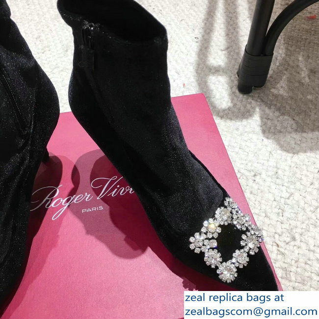 Roger Vivier Flower Strass Rivets Buckle Ankle Boots Velvet Black 2018 - Click Image to Close