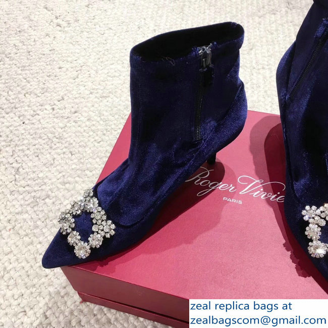 Roger Vivier Flower Strass Rivets Buckle Ankle Boots Velvet Blue 2018