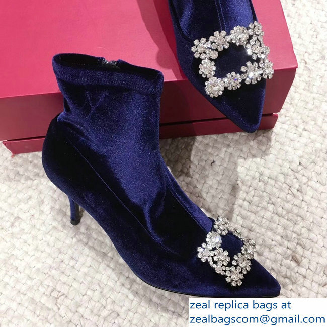 Roger Vivier Flower Strass Rivets Buckle Ankle Boots Velvet Blue 2018 - Click Image to Close