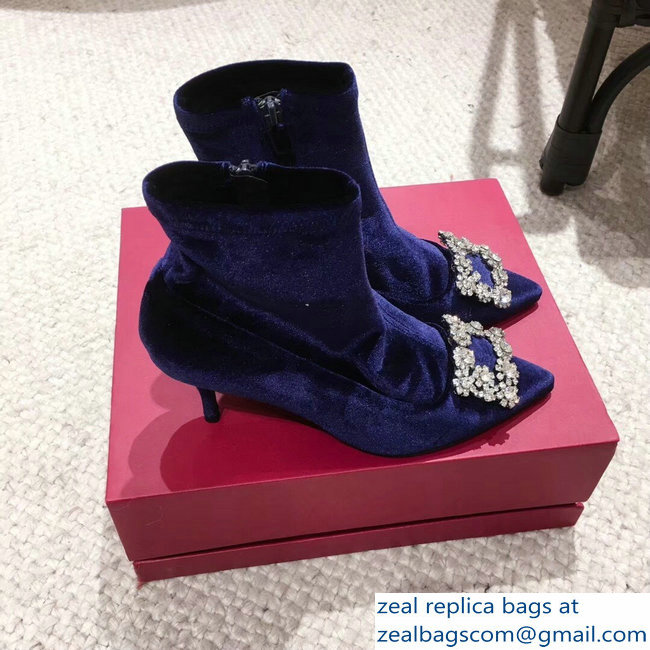 Roger Vivier Flower Strass Rivets Buckle Ankle Boots Velvet Blue 2018