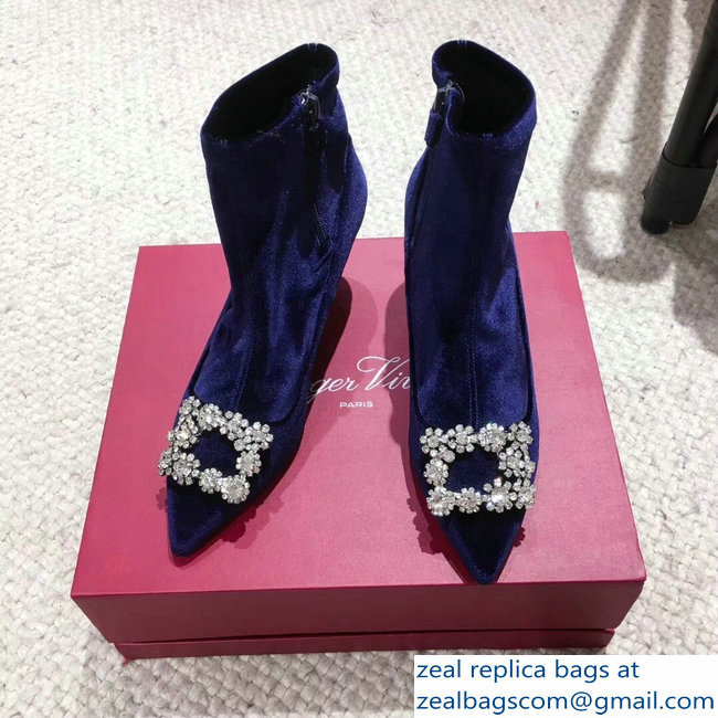 Roger Vivier Flower Strass Rivets Buckle Ankle Boots Velvet Blue 2018