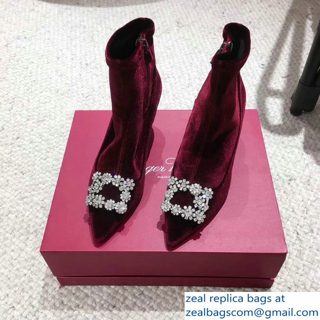 Roger Vivier Flower Strass Rivets Buckle Ankle Boots Velvet Burgundy 2018