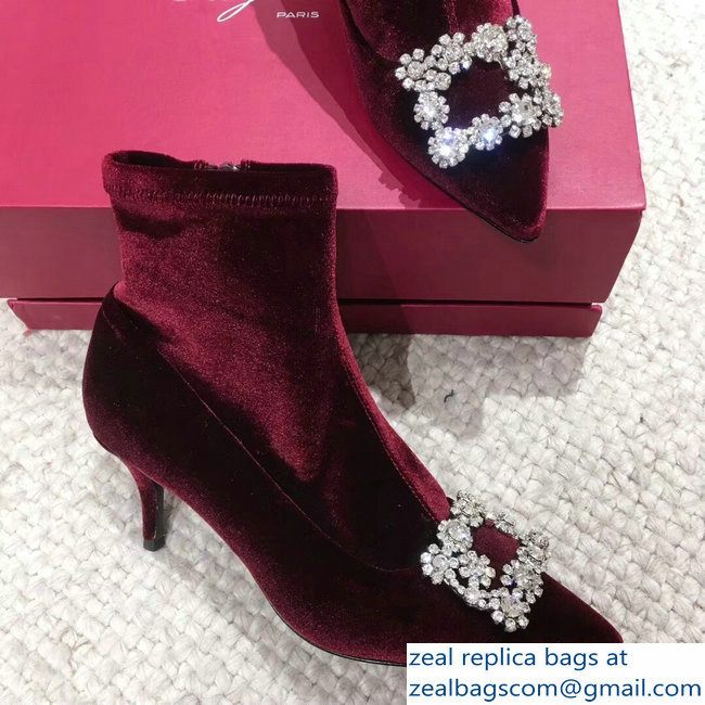 Roger Vivier Flower Strass Rivets Buckle Ankle Boots Velvet Burgundy 2018 - Click Image to Close