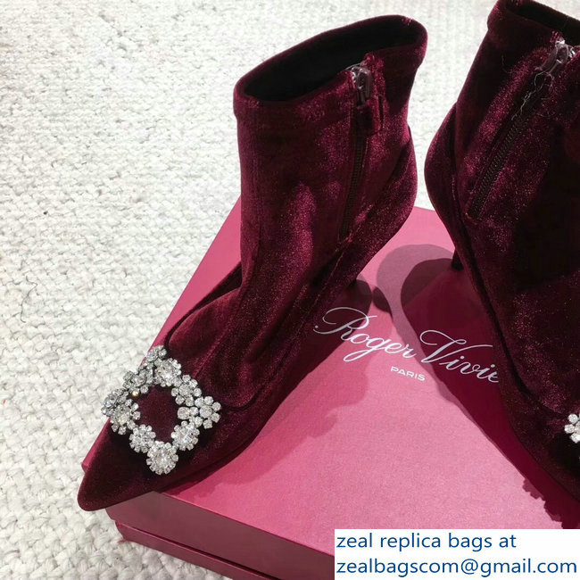 Roger Vivier Flower Strass Rivets Buckle Ankle Boots Velvet Burgundy 2018 - Click Image to Close