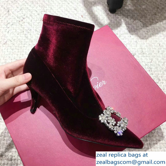 Roger Vivier Flower Strass Rivets Buckle Ankle Boots Velvet Burgundy 2018