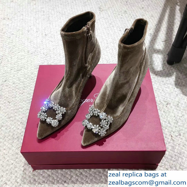 Roger Vivier Flower Strass Rivets Buckle Ankle Boots Velvet Camel 2018 - Click Image to Close