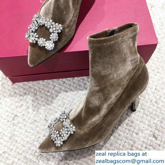 Roger Vivier Flower Strass Rivets Buckle Ankle Boots Velvet Camel 2018