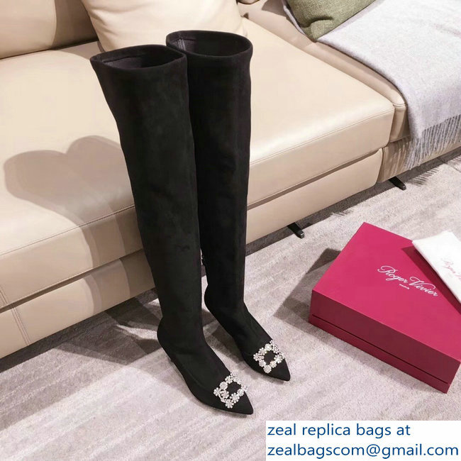 Roger Vivier Flower Strass Rivets Buckle High Boots Suede Dark Gray 2018 - Click Image to Close