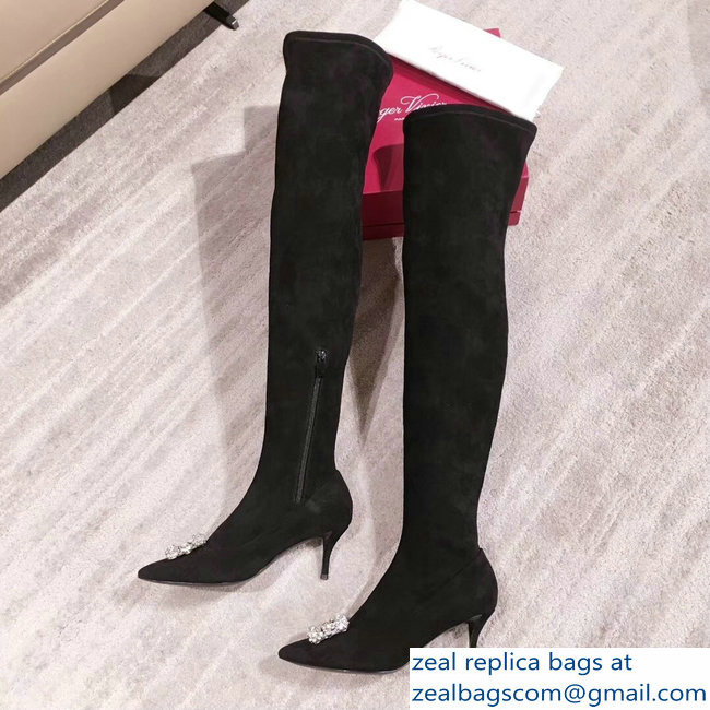 Roger Vivier Flower Strass Rivets Buckle High Boots Suede Dark Gray 2018