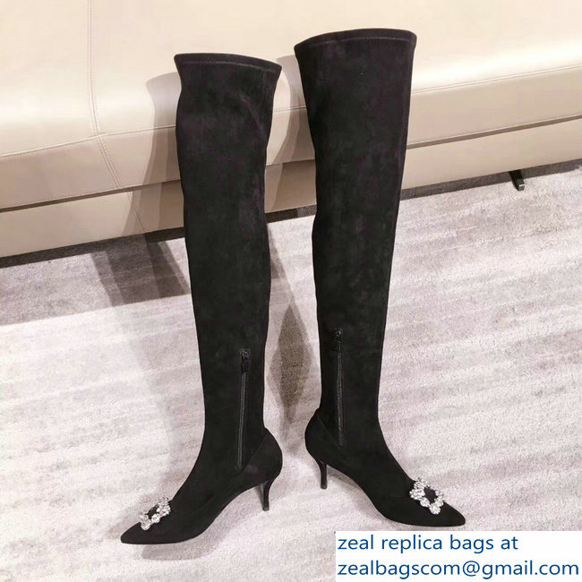 Roger Vivier Flower Strass Rivets Buckle High Boots Suede Dark Gray 2018 - Click Image to Close