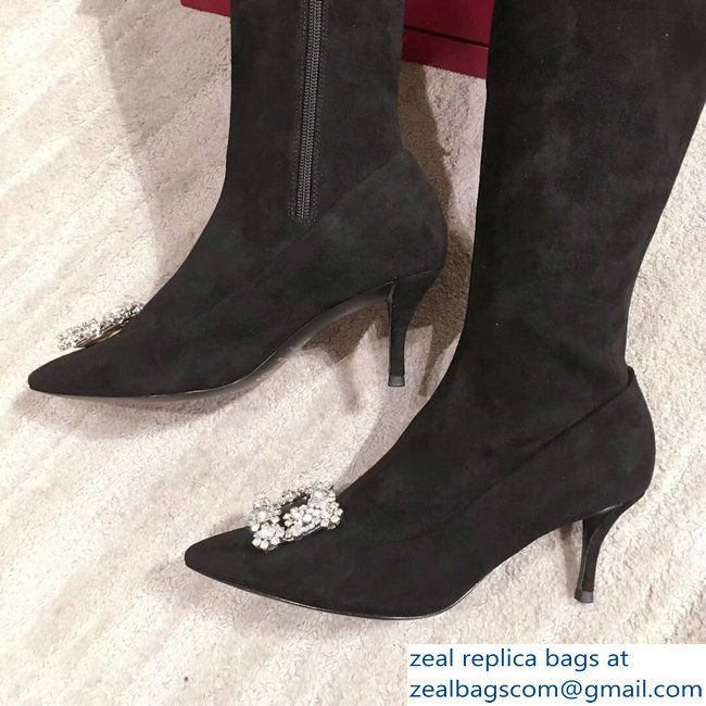 Roger Vivier Flower Strass Rivets Buckle High Boots Suede Dark Gray 2018 - Click Image to Close