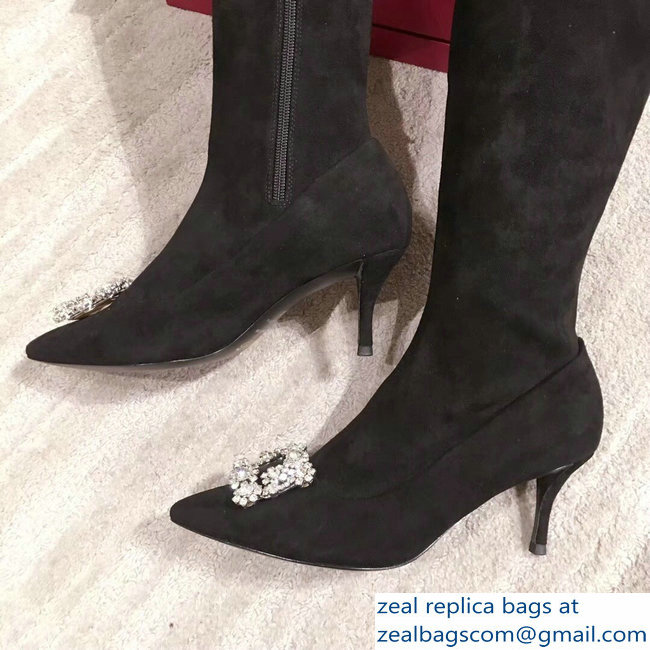 Roger Vivier Flower Strass Rivets Buckle High Boots Suede Dark Gray 2018