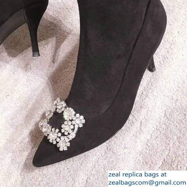 Roger Vivier Flower Strass Rivets Buckle High Boots Suede Dark Gray 2018 - Click Image to Close