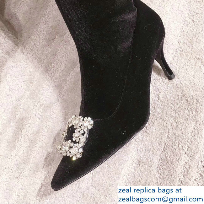 Roger Vivier Flower Strass Rivets Buckle High Boots Velvet Black 2018