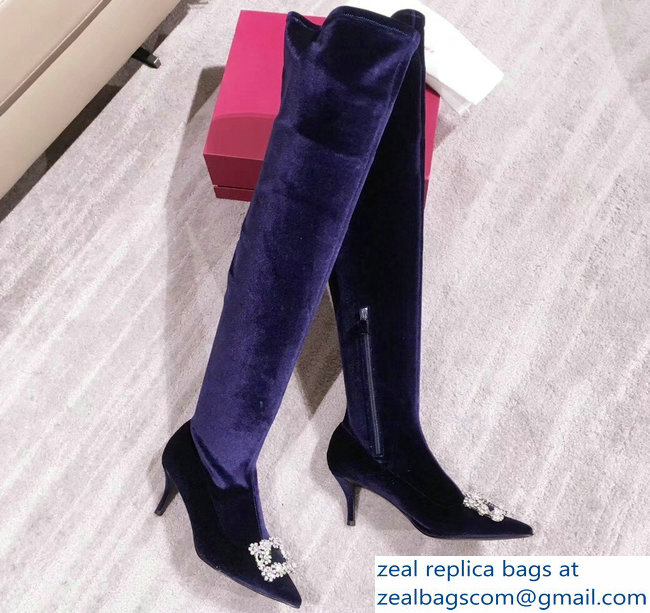 Roger Vivier Flower Strass Rivets Buckle High Boots Velvet Blue 2018 - Click Image to Close