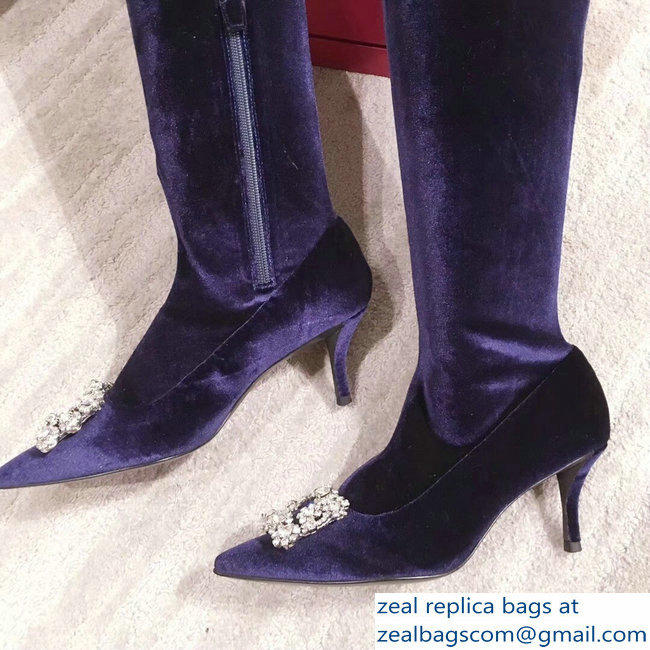 Roger Vivier Flower Strass Rivets Buckle High Boots Velvet Blue 2018