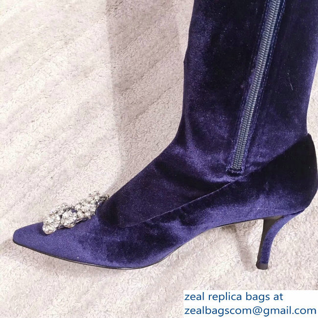 Roger Vivier Flower Strass Rivets Buckle High Boots Velvet Blue 2018 - Click Image to Close