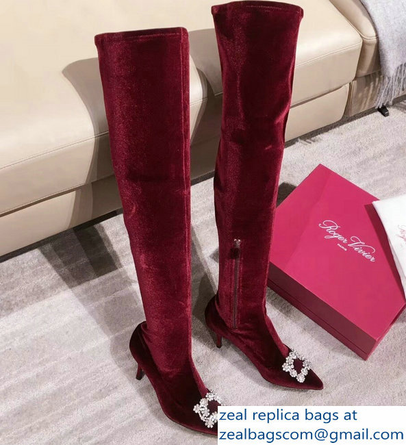 Roger Vivier Flower Strass Rivets Buckle High Boots Velvet Burgundy 2018 - Click Image to Close