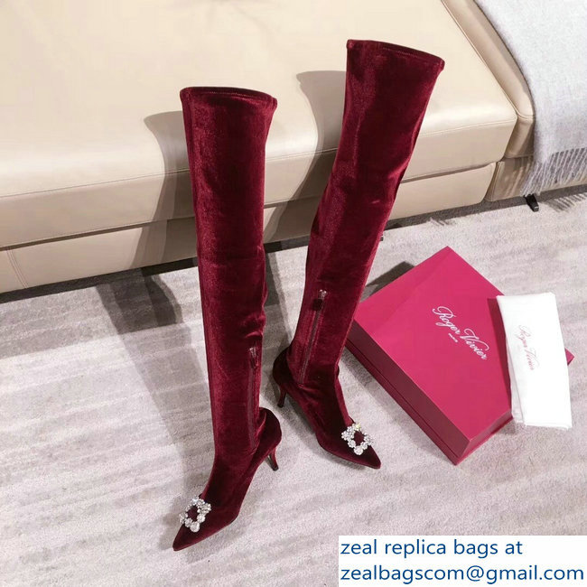 Roger Vivier Flower Strass Rivets Buckle High Boots Velvet Burgundy 2018