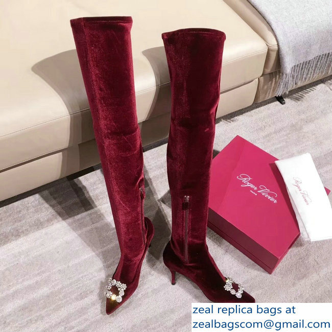 Roger Vivier Flower Strass Rivets Buckle High Boots Velvet Burgundy 2018 - Click Image to Close