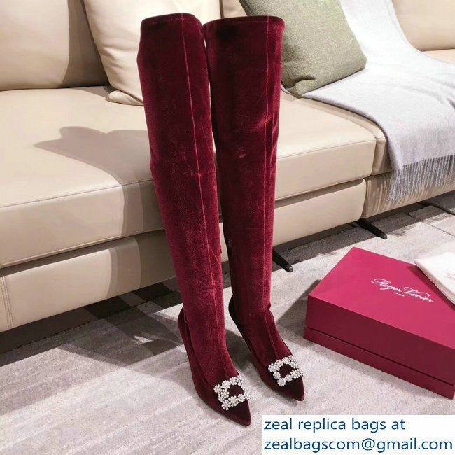 Roger Vivier Flower Strass Rivets Buckle High Boots Velvet Burgundy 2018