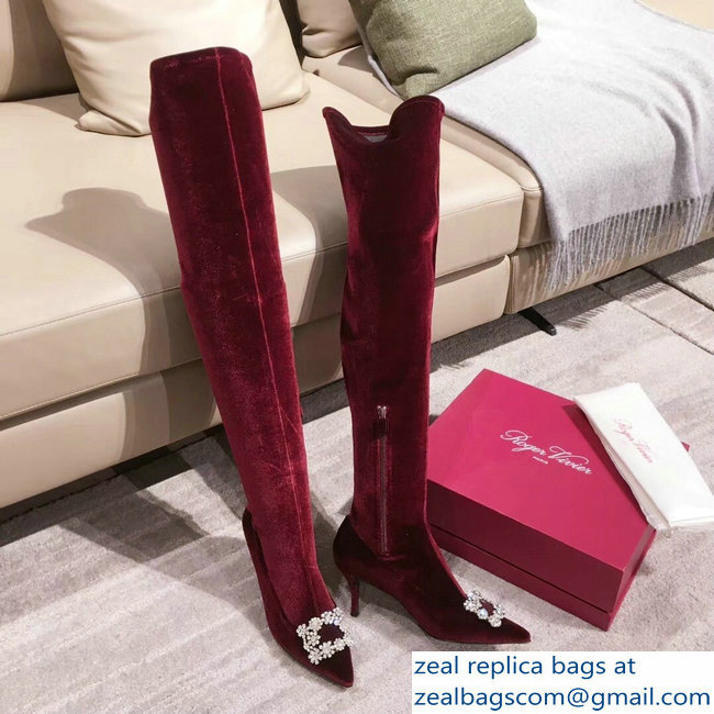 Roger Vivier Flower Strass Rivets Buckle High Boots Velvet Burgundy 2018 - Click Image to Close