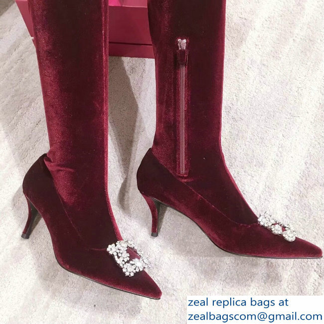 Roger Vivier Flower Strass Rivets Buckle High Boots Velvet Burgundy 2018