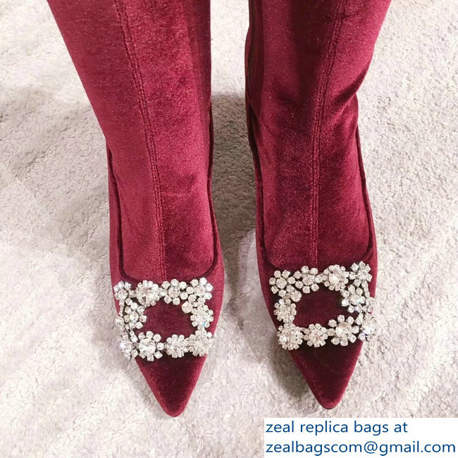 Roger Vivier Flower Strass Rivets Buckle High Boots Velvet Burgundy 2018