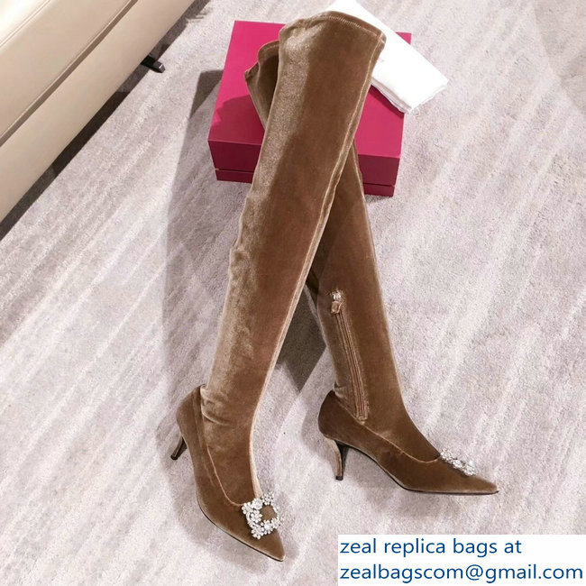 Roger Vivier Flower Strass Rivets Buckle High Boots Velvet Camel 2018 - Click Image to Close