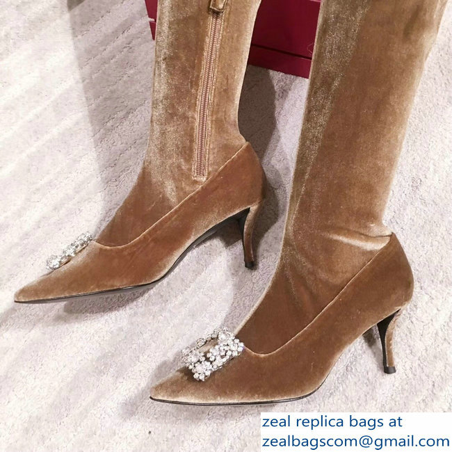 Roger Vivier Flower Strass Rivets Buckle High Boots Velvet Camel 2018