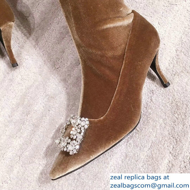 Roger Vivier Flower Strass Rivets Buckle High Boots Velvet Camel 2018 - Click Image to Close