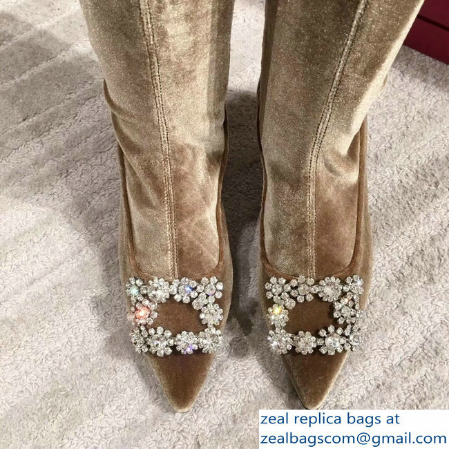 Roger Vivier Flower Strass Rivets Buckle High Boots Velvet Camel 2018 - Click Image to Close