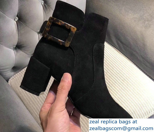 Roger Vivier Heel 5cm Polly Ankle Boots Turtle Buckle Suede Black 2018