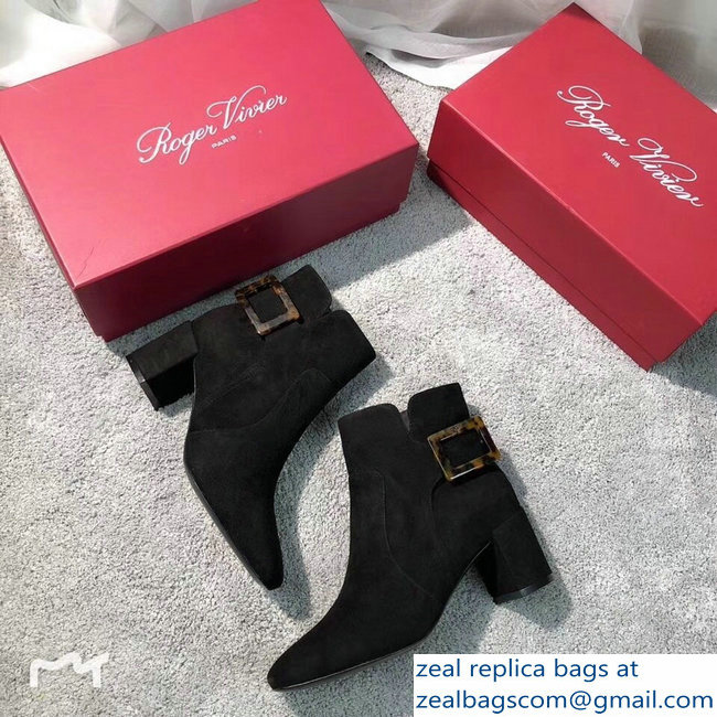 Roger Vivier Heel 5cm Polly Ankle Boots Turtle Buckle Suede Black 2018