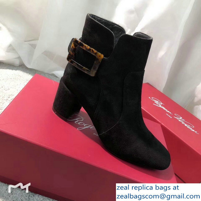 Roger Vivier Heel 5cm Polly Ankle Boots Turtle Buckle Suede Black 2018