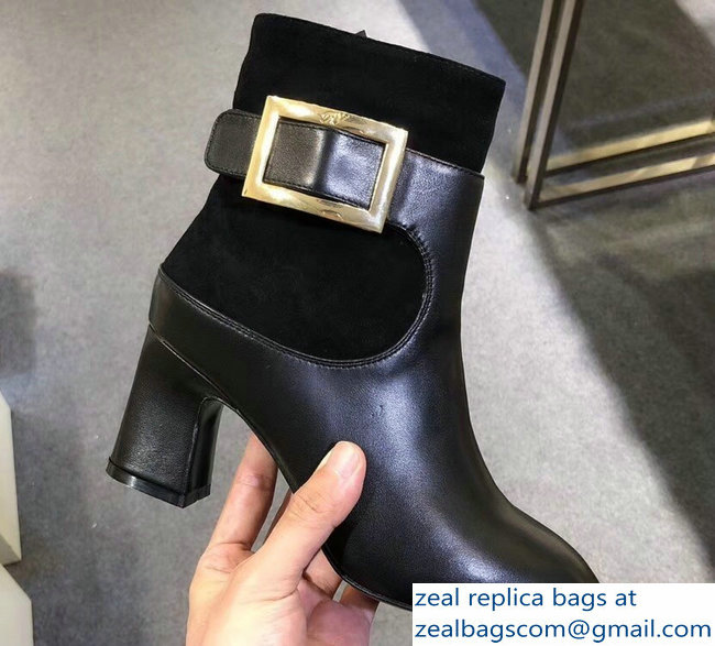 Roger Vivier Heel 7cm Chunky Trompette Metal Buckle Ankle Boots Black 2018 - Click Image to Close