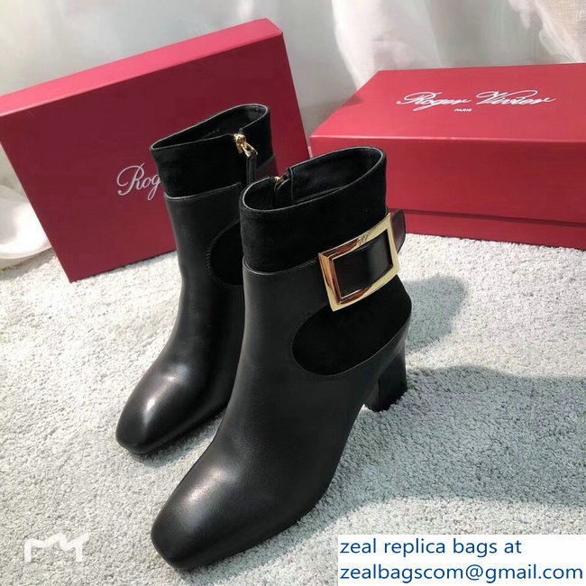 Roger Vivier Heel 7cm Chunky Trompette Metal Buckle Ankle Boots Black 2018 - Click Image to Close