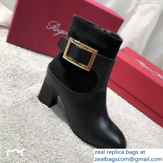 Roger Vivier Heel 7cm Chunky Trompette Metal Buckle Ankle Boots Black 2018