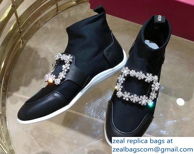 Roger Vivier Sporty Viv' Flower Strass Rivets Buckle High-Top Sneakers Black 2018