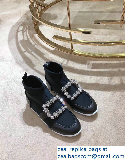 Roger Vivier Sporty Viv' Flower Strass Rivets Buckle High-Top Sneakers Black 2018 - Click Image to Close