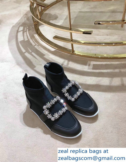 Roger Vivier Sporty Viv' Flower Strass Rivets Buckle High-Top Sneakers Black 2018