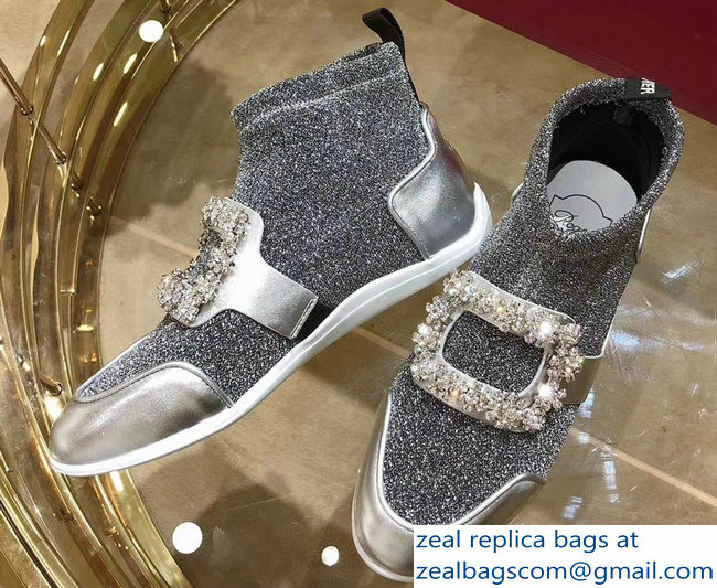 Roger Vivier Sporty Viv' Flower Strass Rivets Buckle High-Top Sneakers Glitter Silver Gray 2018 - Click Image to Close