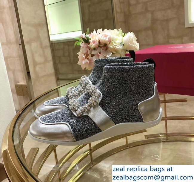 Roger Vivier Sporty Viv' Flower Strass Rivets Buckle High-Top Sneakers Glitter Silver Gray 2018