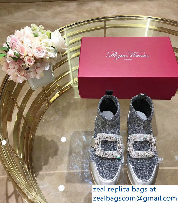 Roger Vivier Sporty Viv' Flower Strass Rivets Buckle High-Top Sneakers Glitter Silver Gray 2018 - Click Image to Close